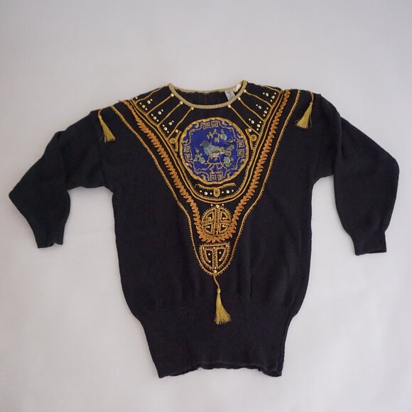 Vintage Bonnie And Company Black Beaded Cotton Knit Sweater Old Money Boho L - Picture 1 of 10